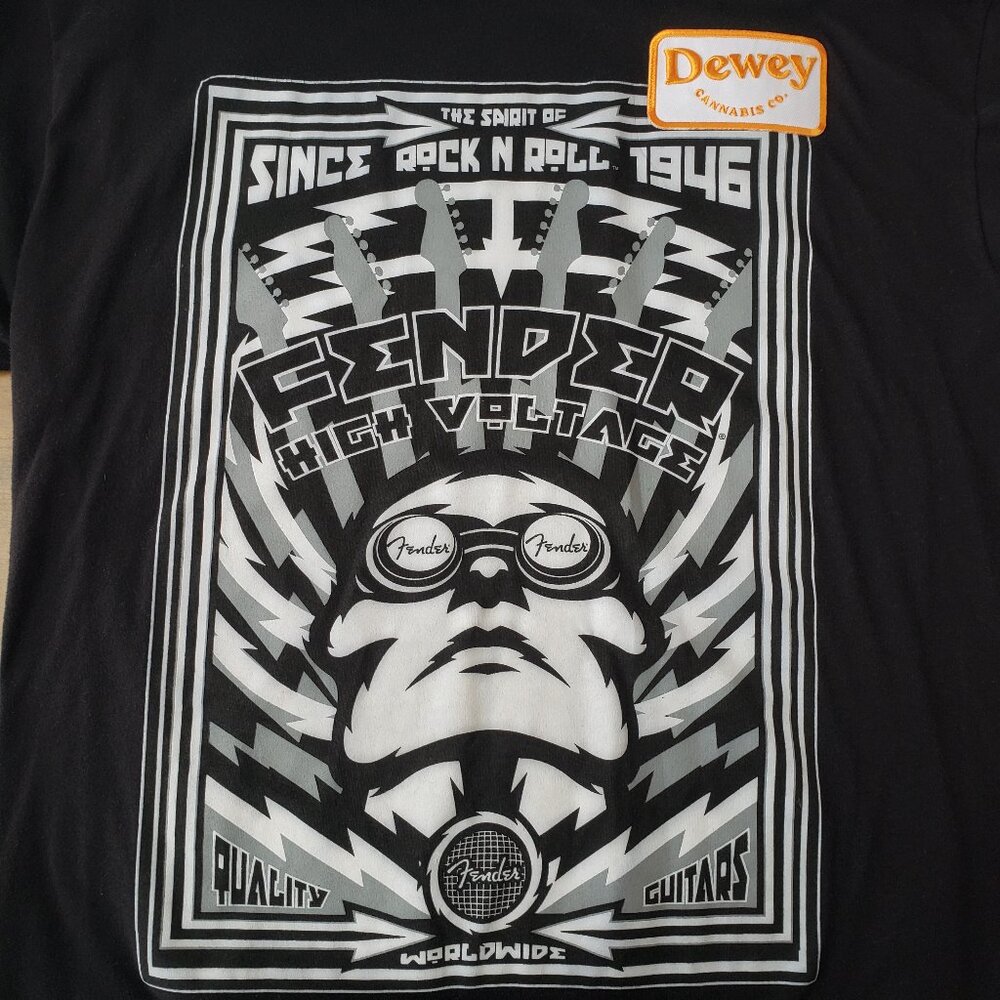 FENDER High Voltage Time Traveller Rock Music Shirt with Dewey Cannabis Co Patch